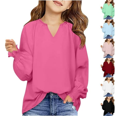 Ahuyic Kids Casual Long Sleeved Blouse Top Autumns/Winter Long Sleeve For Kid Girls Fashion Solid Color Loose T-Shirt Long Sleeve V-Neck Blouses & Shirts