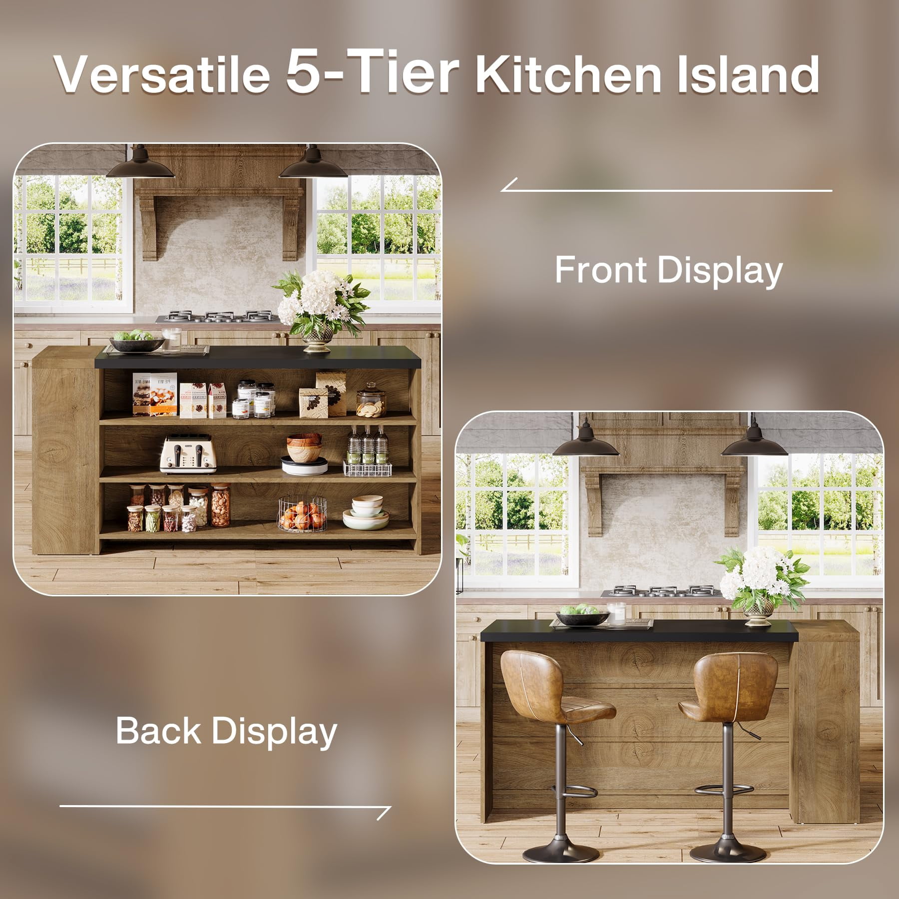 Fnova 55" Kitchen Island with 5 Shelves, Farmhouse Stationary Island Table, Large Stationary Storage Cabinet for Kitchen Dining Room, Vintage Brown