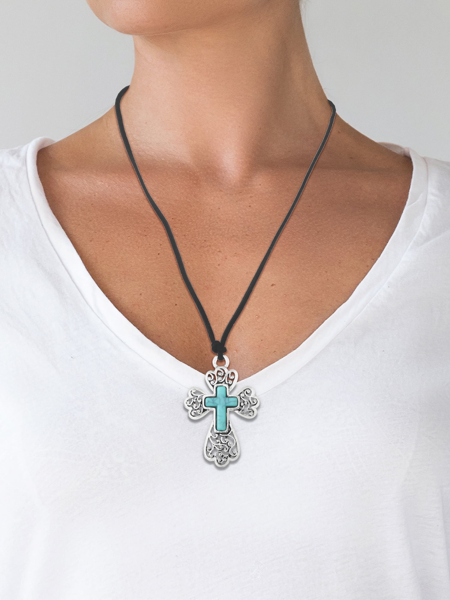 Jessica Simpson Women's Silver-Tone Cross Pendant Necklace with Turquoise Accent