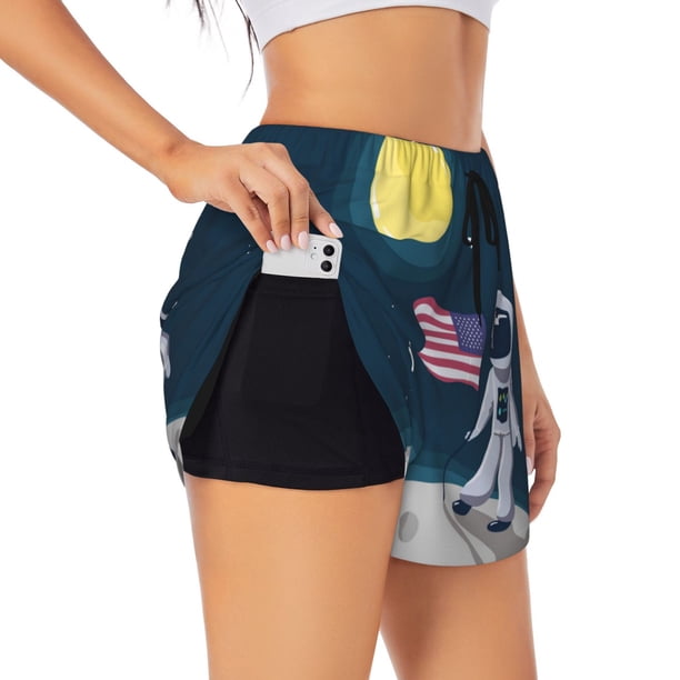 Balery Astronaut With USA Flag Pantalones cortos deportivos para mujer con forro y dos bolsillos, elásticos, para entrenamiento, gimnasio, yoga-Large