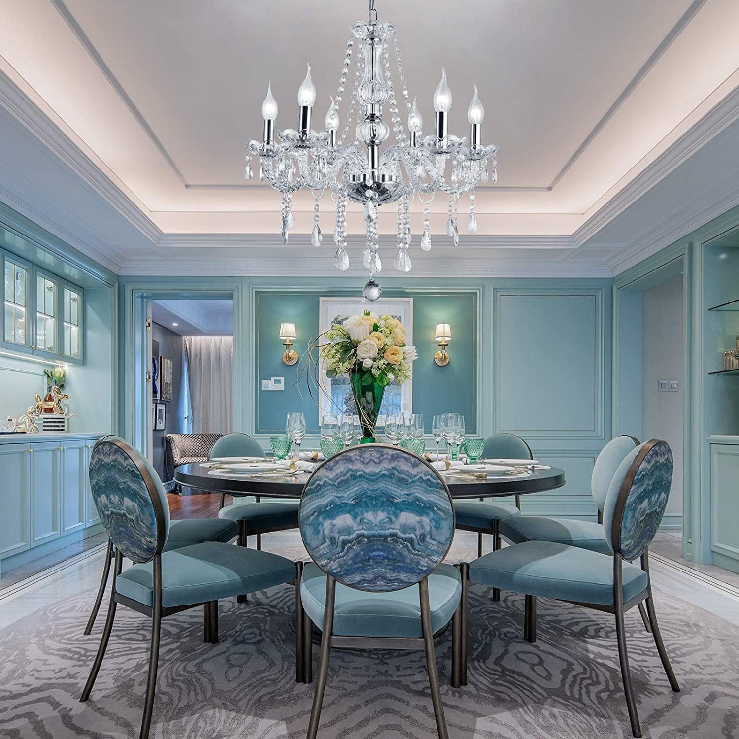 Datingday 8 Light Crystal Chandelier Silver Chandeliers for Dining Room Modern Chandelier Hanging Candle Chandelier Pendant Lighting Adjustable Height Ceiling Light Fixture, E12 Base (8 Bulbs)