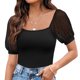 thumbnail image 1 of Camiseta con cuello cuadrado para mujer, camiseta con manga de malla transparente y lunares, mono acanalado, camisas cortas, 1 of 6