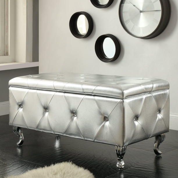 AC Pacific Silver Crystal Tufted Storage Bench