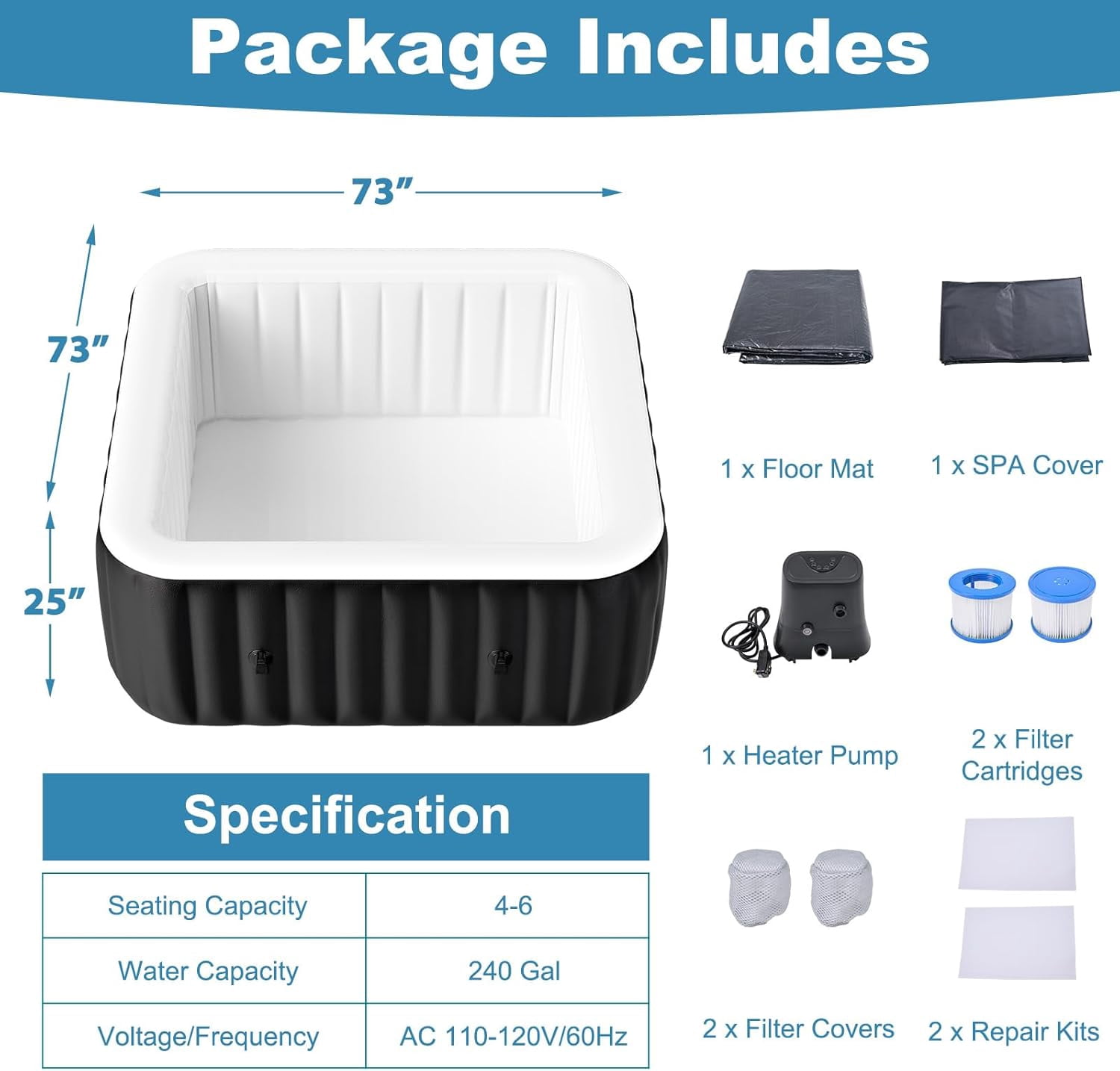 73 inch Outdoor Inflatable Hot Tub with 130 Bubble Air Jets, 4-6 Person Square Portable Hottub Spa with LED Control Panel, Blow Up Spa Bathtub with 2 Filter, Temperature up to 104°F
