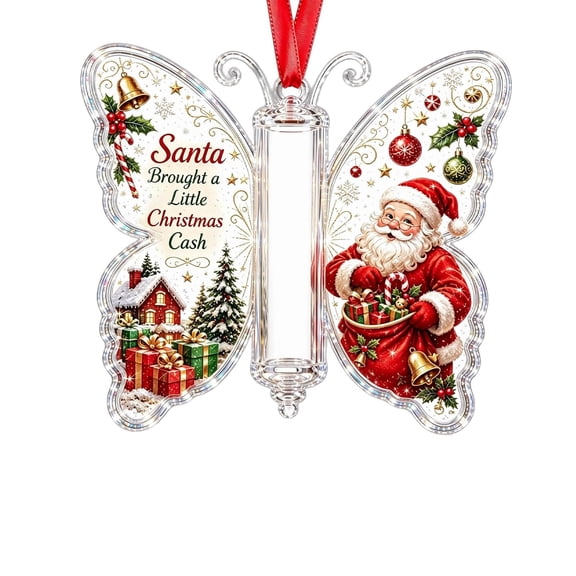 Christmas Cash Gift Butterfly Ornament, Clear Acrylic Money Holder with Hanging Ribbon for Holiday Tree Wreath Mantel, Unique Keepsake Gift, 3.94 x 3.94 Inches, 1 Pack