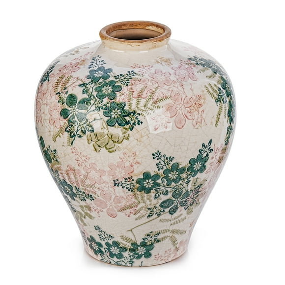 Sungmor Florero Vintage de Cerámica – Chinoiserie retro 9.4" con esmalte agrietado tipo hielo, acento rústico granja para flores secas y follaje – centros de mesa, estante, repisa de chimenea