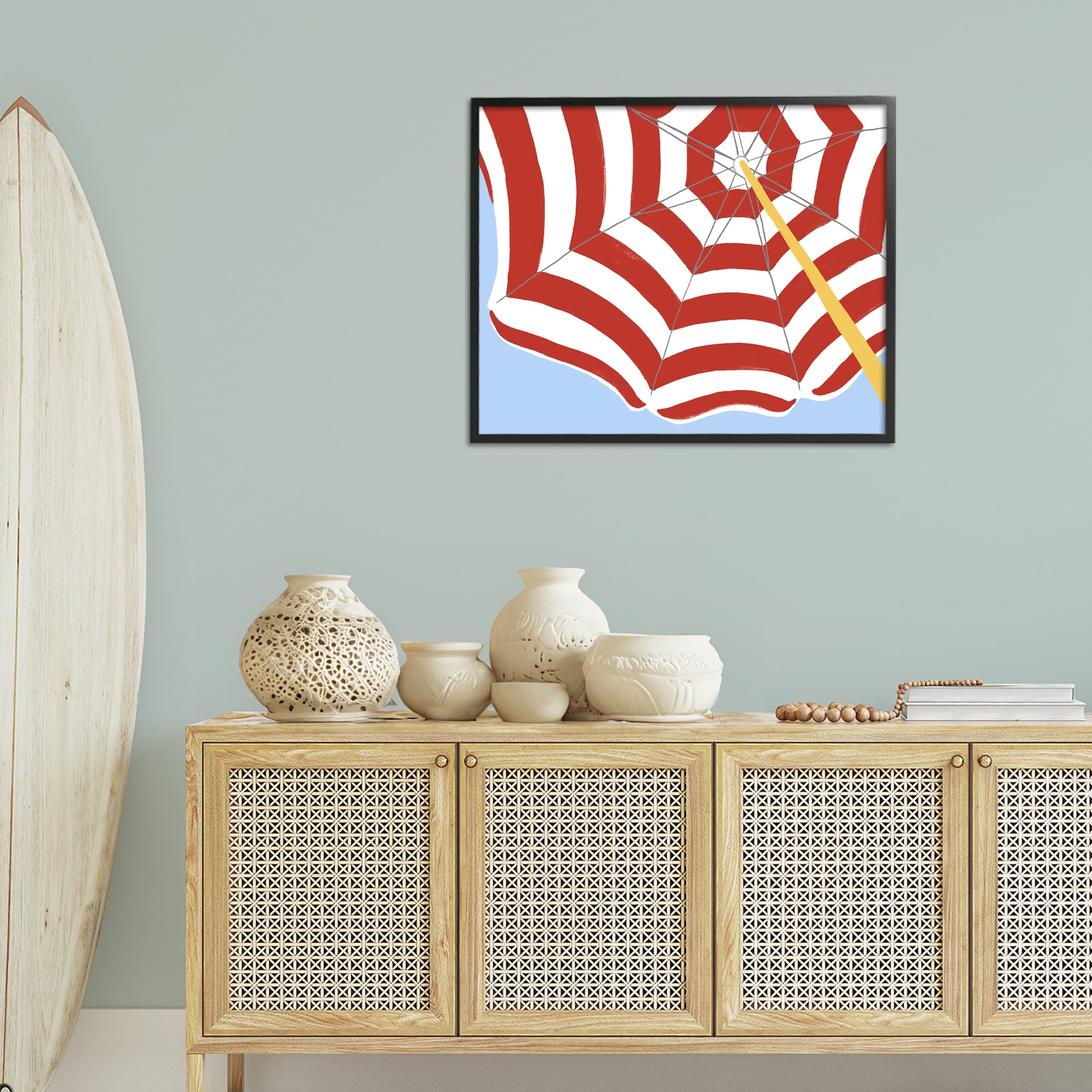 Stupell Industries Red & White Umbrella Coastal Painting Black Framed Art Print Wall Art, 30 x 24