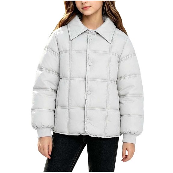 BLVB Girls Winter Puffer Jacket Kids Warm Quilted Padded Coat Lightweight Button down Collared Cozy Outerwear(White,11-12 Years)