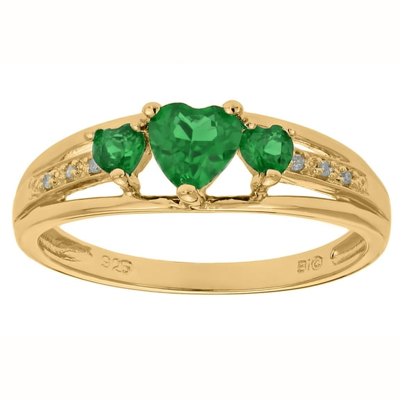 .70 Ct Triple Heart Green Emerald .018 cttw Diamond Gold Plated Silver Ring Sz 5
