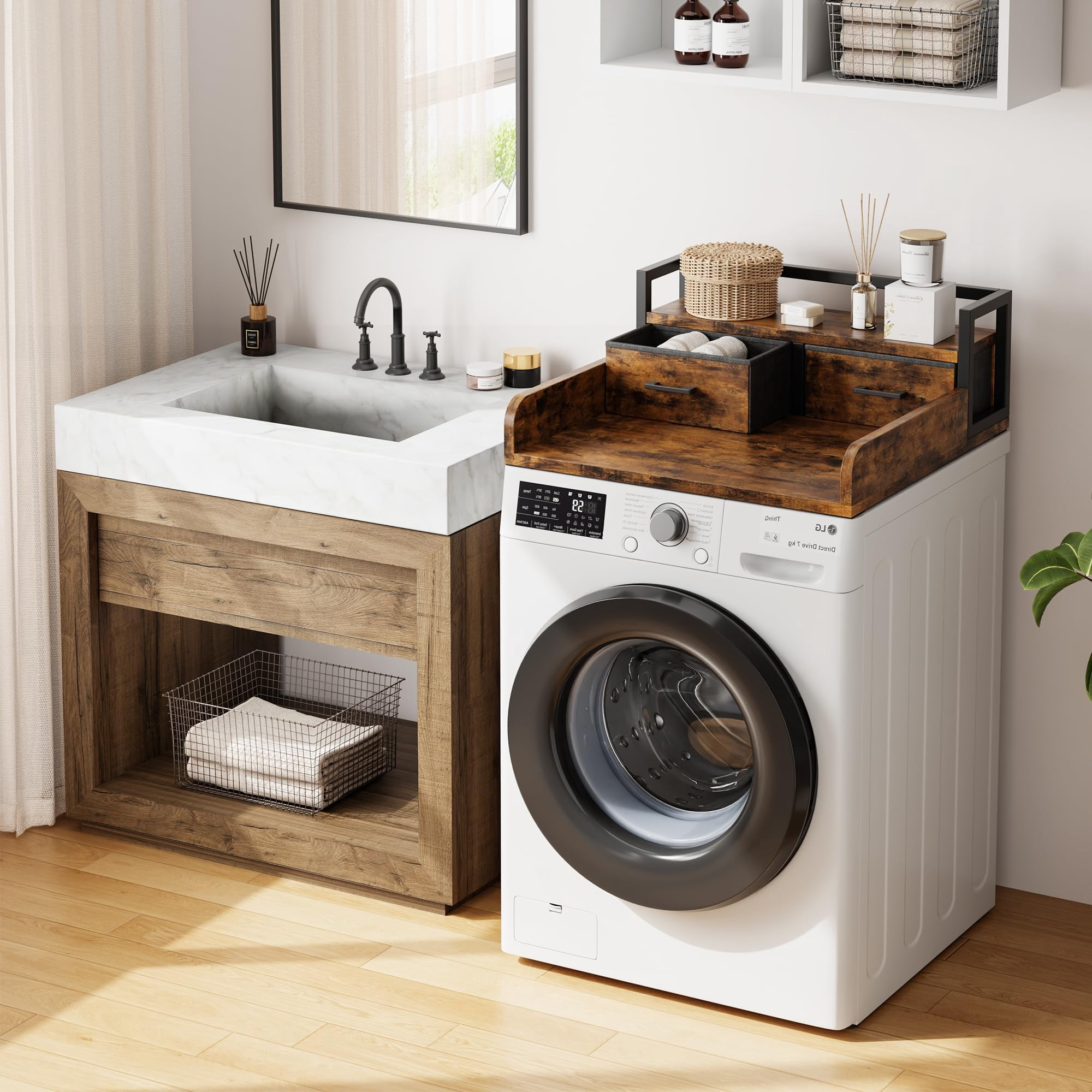 Studyset 2-Tier Washer Dryer Countertop, Laundry Countertop Organization, Washing Machine Countert with Shelf and 2 Drawers, Wooden Washer and Dryer Topper with High Guardrails for Laundry