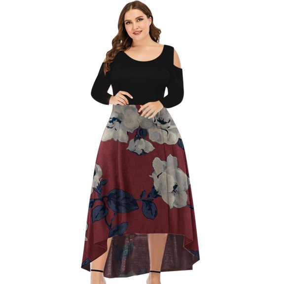 Fesfesfes Plus Size Women Gowns Sexy Round Neck Off Shoulder Floral Printed Strapless Gradient Splicing Long Sleeve Pullover Irregular Hem Party Dress Plus Size $10