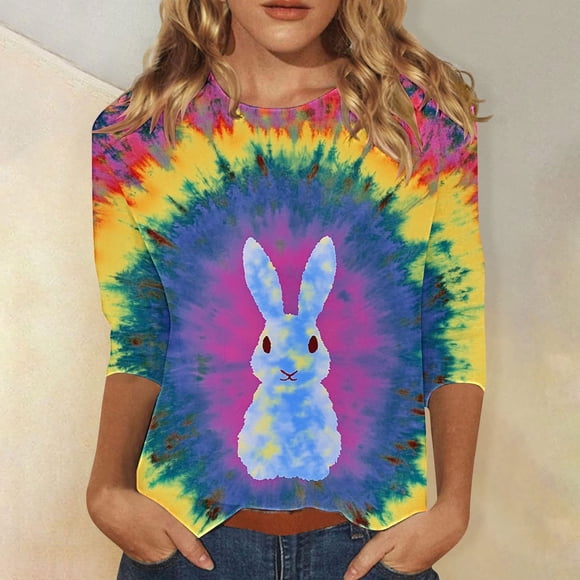 Jinhomg Plus Size Shirts for Women 2025 Fashion Easter Day Themed Bunny Print Tops Casual Comfy 3/4 Sleeve Crew Neck Tunic Blouses 90% off Clearance Sale Multicolor L