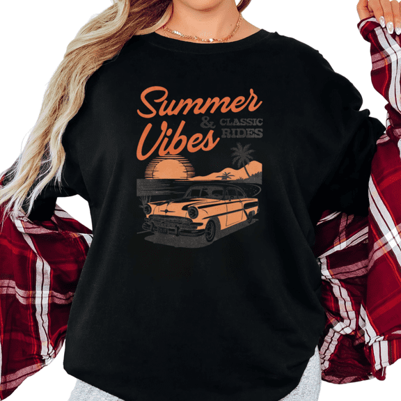 Women's Vintage "Summer Vibes & Classic Rides" Retro Car Beach Graphic Breathable T Shirt Short Sleeve Round Neck Top Black S-5XL