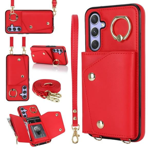 Crossbody Strap Wallet Case for Samsung Galaxy S24 with Wrist Strap, 360° Rotating Ring Kickstand & Card Holder PU Leather Purse Magnetic Snap Zipper Case Cover for Galaxy S24, Red