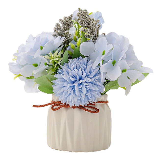 Flores artificiales en maceta, flores de hortensias, con jarrón de cerámica, como las reales.