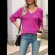 thumbnail image 4 of Suéter Informal de Larga con Cuello en V, Tejido Acanalado y Crochet Ligero para Mujer (Otoño 2025) Rosa Roja XXXL, 4 of 7