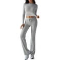 thumbnail image 3 of Conjuntos de 2 Piezas para Mujer, Larga, Cuello Redondo, Pantalones Acampanados de Cintura Alta, Conjuntos de Chándal, Ropa de Calle. Gris XL, 3 of 9