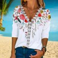 thumbnail image 2 of Blusa de manga 3/4 Top Escote en V Blusa informal ajustada con ribete de encaje Camisa para mujer Citas de verano Blanco L, 2 of 7
