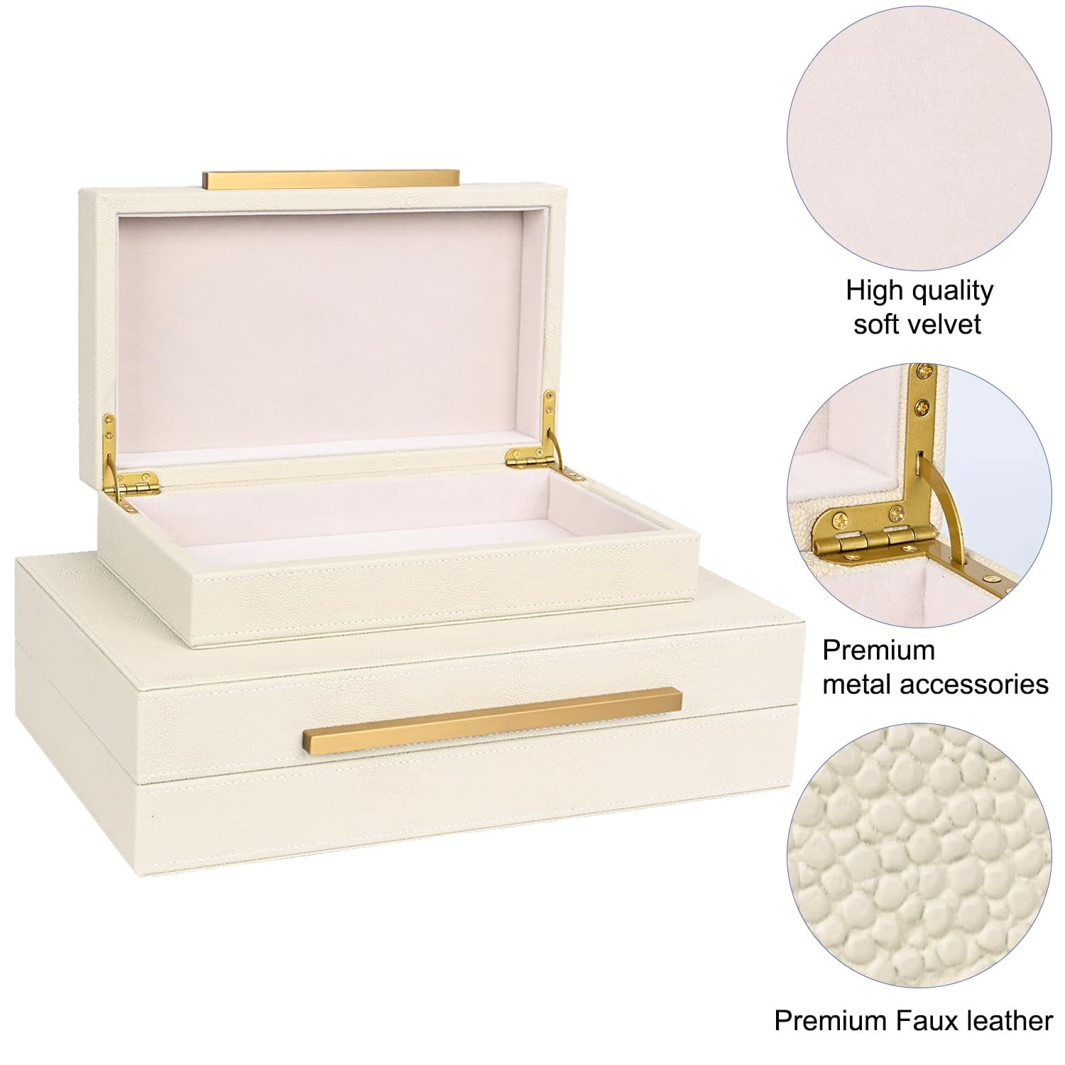 Beige Shagreen Decorative Storage Boxes - Set Of 2 Faux Leather & Memory With Metal Handles  Nesting Photo Organizers For Home Decor Gift And Office Organization
