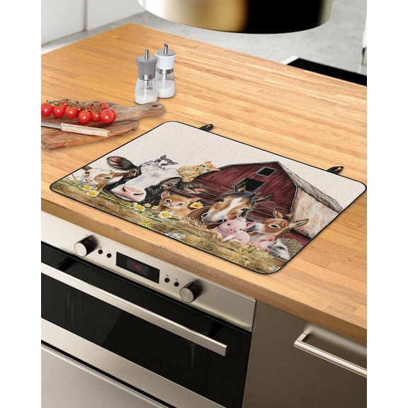 nqOlkjepod Large Induction Cooktop Protector Mat 28.5"x20.5", Farm Cow Pig Stove Top Covers for Electric Stove, Farmhouse Animals Retro Fench Wood Bran Stove Burner Cover Mats, Glass Top Stove Cover