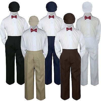 

4pc Burgundy Maroon Bow Tie Party Suit Pants Set Formal Baby Boy Toddler Kid S-7