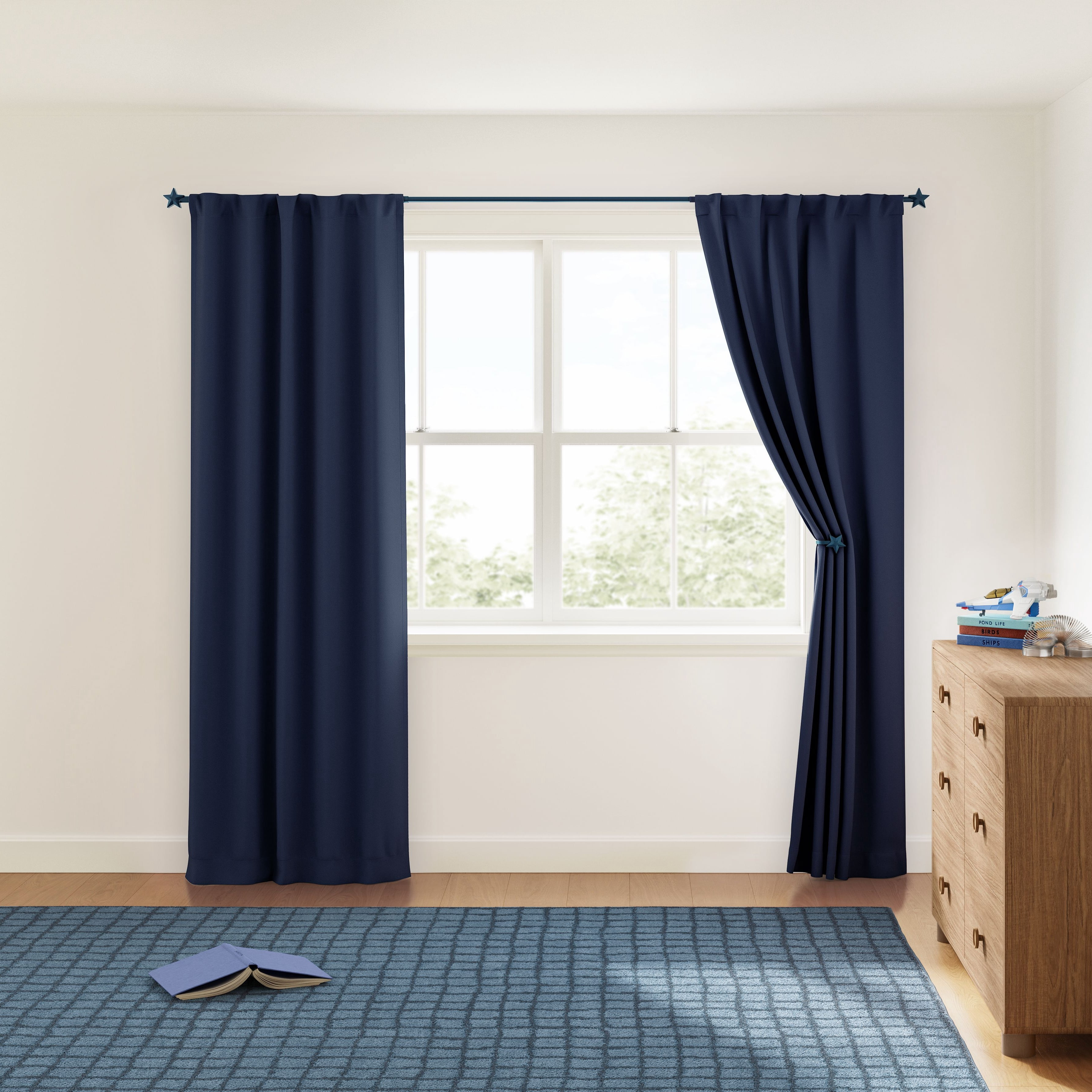 Mainstays Kids Solid Blackout Curtain Panel Pair, Navy Blue, Rod Pocket with Back Tabs, Set of 2, 30 in x 95 in
