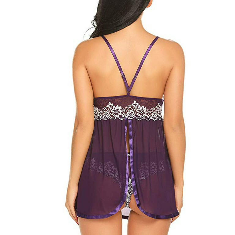 Puntoco Womens Lingerie Plus Size Clearance Halter Chemise Lace Lingerie  Babydoll Set V-Neck Teddy Sleepwear Purple XXL 