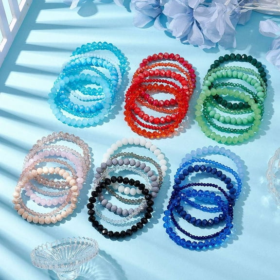 30pcs 30 styles Faceted Round Glass Beaded Stretch Bracelet sets Stackable Bracelets for Women Men Mixed color 2~2-1/8 inch(4.95~5.25cm) 1pc/style. Glass