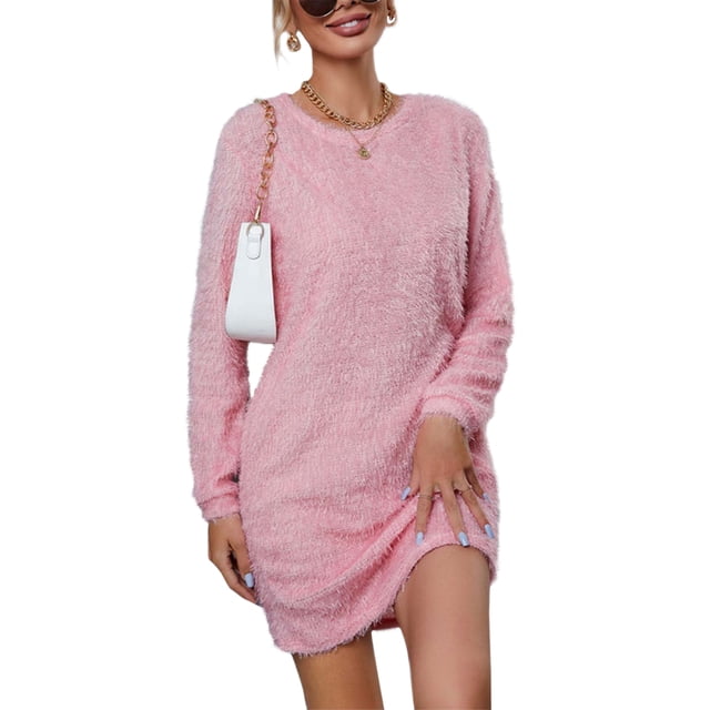 LUXUR Robe Chandail pour Femmes Chandail en Peluche Chandail à Manches Longues Mini Robes Ample en Molleton Rose 2TG