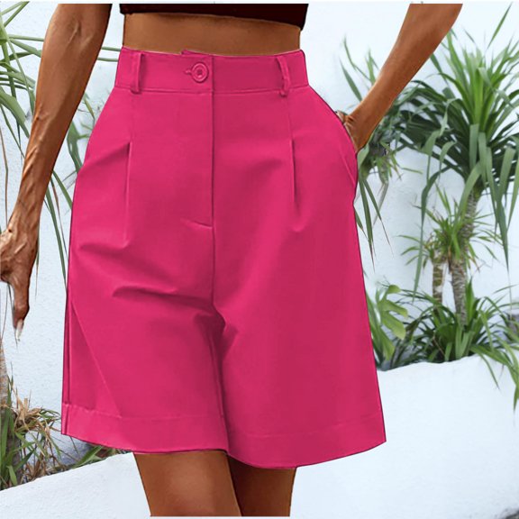 Women's Bermuda Shorts Knee Length Baggy Wide Leg Button High Waist Pullover Plain Summer Shorts with Pockets Breathable Business Formal Office Shorts with Pockets