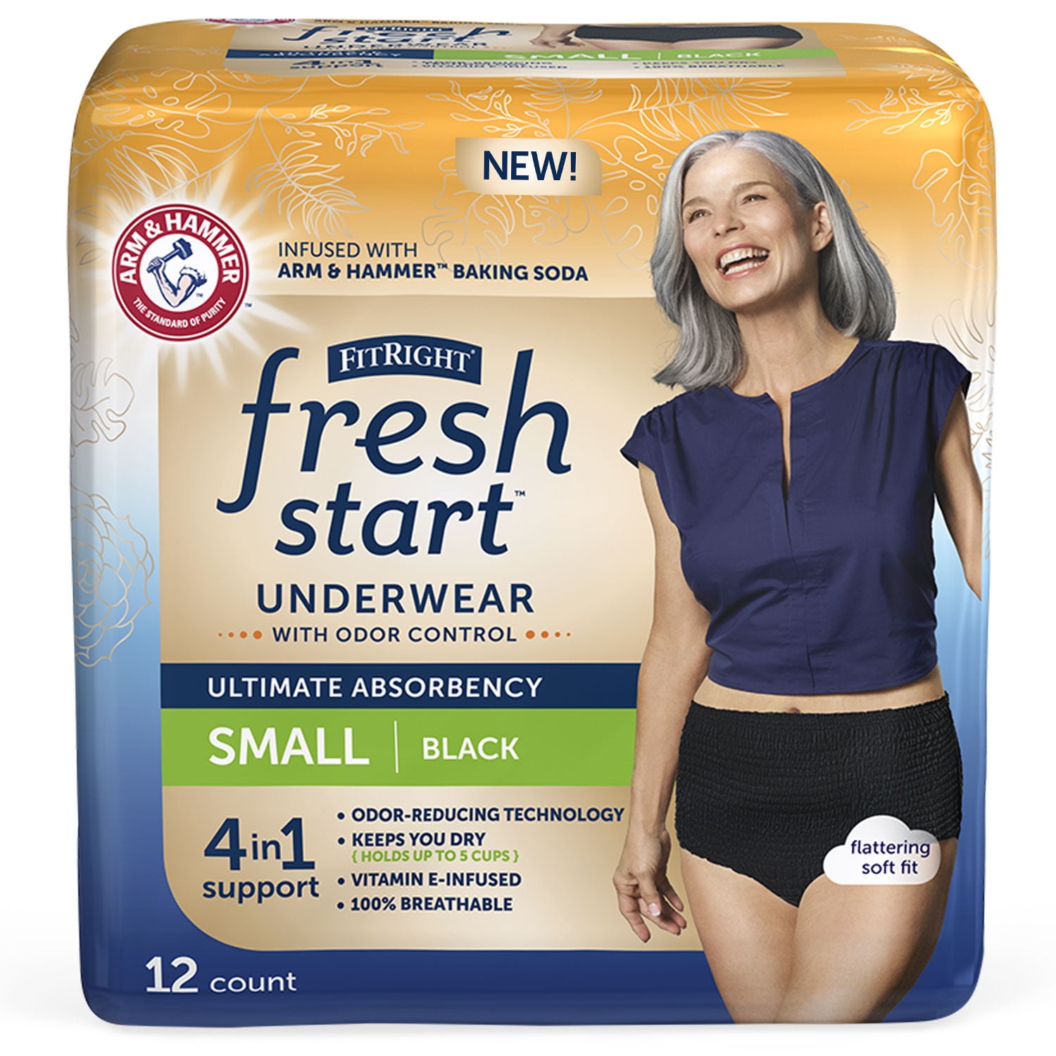 FitRight Fresh Start Incontinence Underwear for Women, Ultimate Absorbency, Small, Black, 12 ct