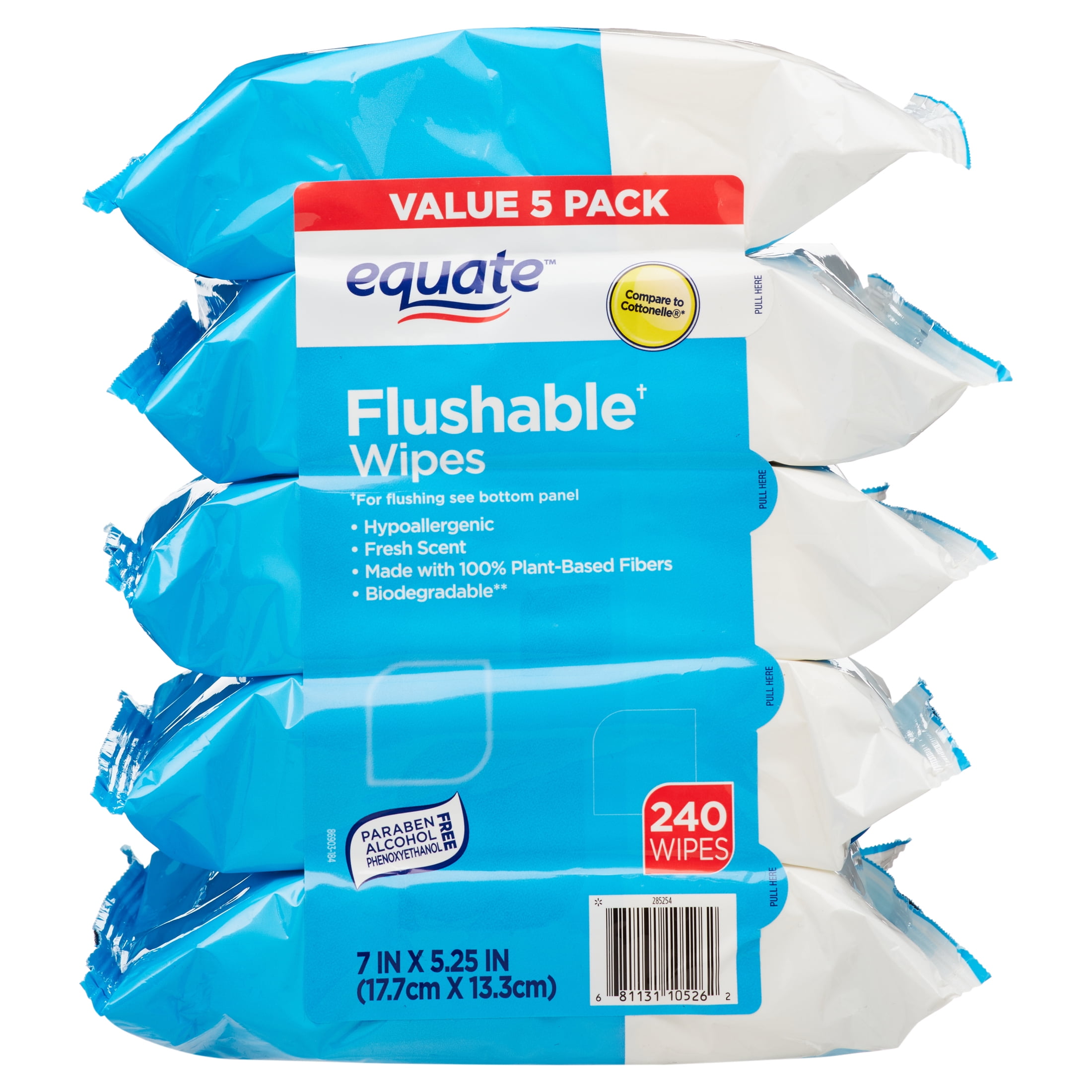Equate Fresh Scent Flushable Wipes, 5 Packs of 48 Wipes, 240 Wipes Total