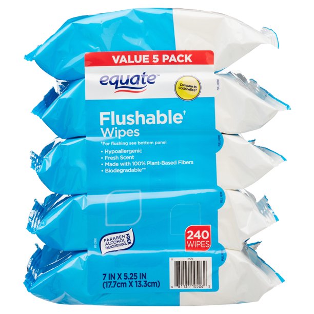 Equate Flushable Wipes, Fresh Scent, 5 Packs of 48 wipes, 240 wipes total