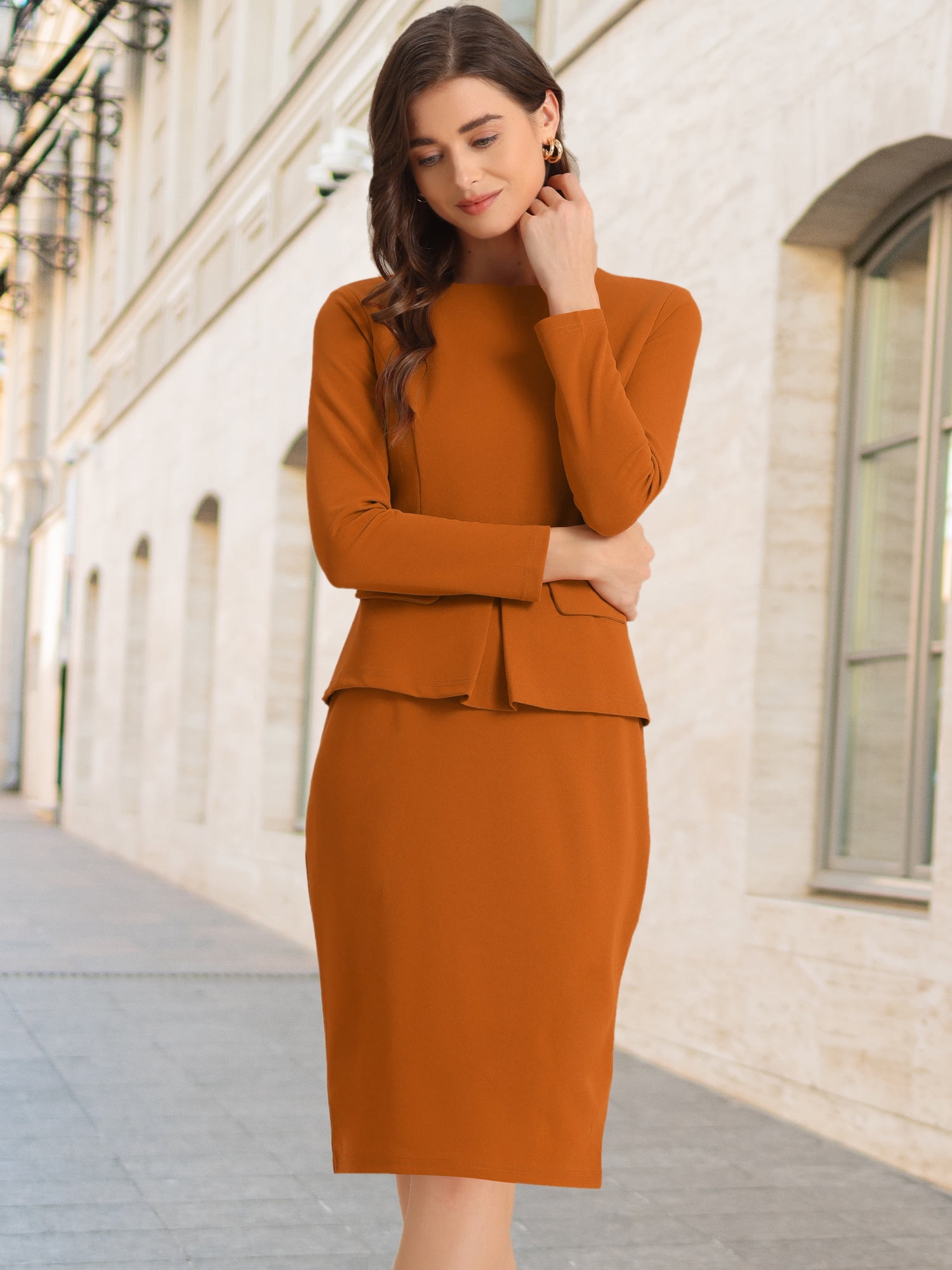 DARING DIVA Bodycon Round Neck 3/4 Sleeve Peplum Wear Sheath Dress L Caramel
