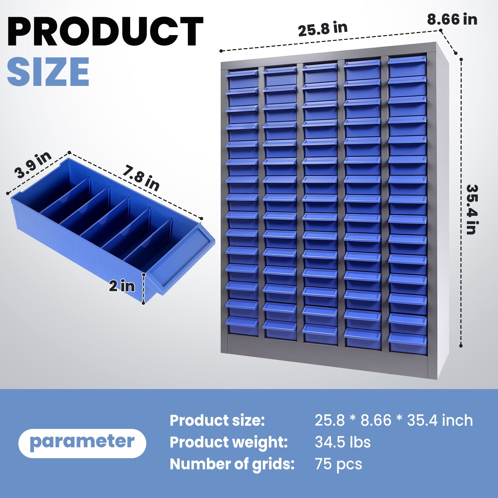 75 Drawers Parts Cabinet, Tool Storage Cabinet, Nut and Bolt Organizer with Transparent Drawers, Easy-Pull Design and Stable Base for Tool Hardware Storage Auto Shop, Warehouse, Home Office