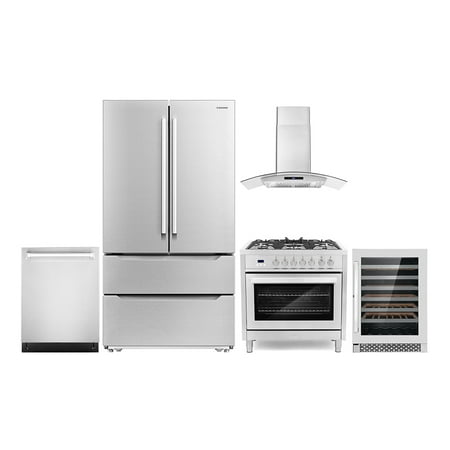 Cosmo 5 Piece Kitchen Appliance Package with 36  Freestanding Dual Fuel Range 36  Wall Mount Range Hood 24  Built-in Fully Integrated Dishwasher French Door Refrigerator &amp; 48 Bottle Wine Refrigerator