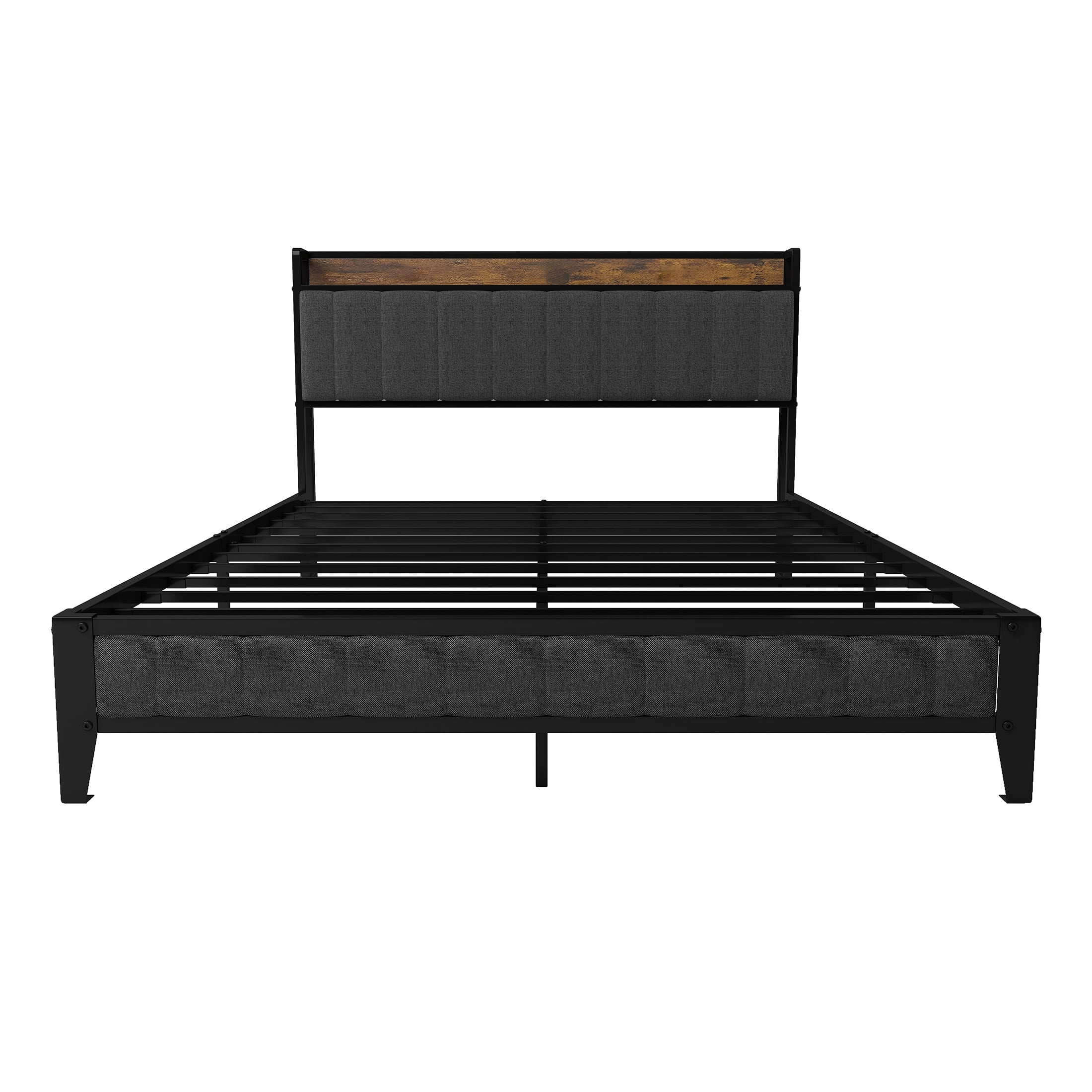 PORKISS Full Size Bed Frame, Metal Platform Bed with Upholstered Headboard and Charging Station, Modern Full Bed Frame with Metal Slats for Adults, No Box Spring Needed, Dark Grey