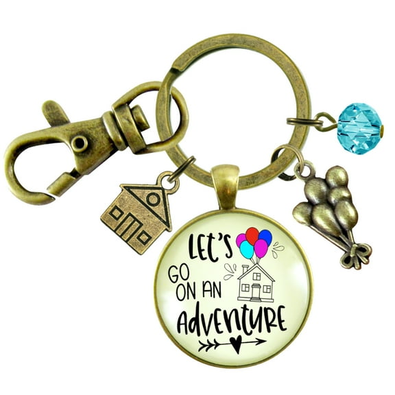 Let's Go On Adventure Gutsy Goodness Bronze Keychain Balloon House Charm Amazing Life Up In Clouds Pendant