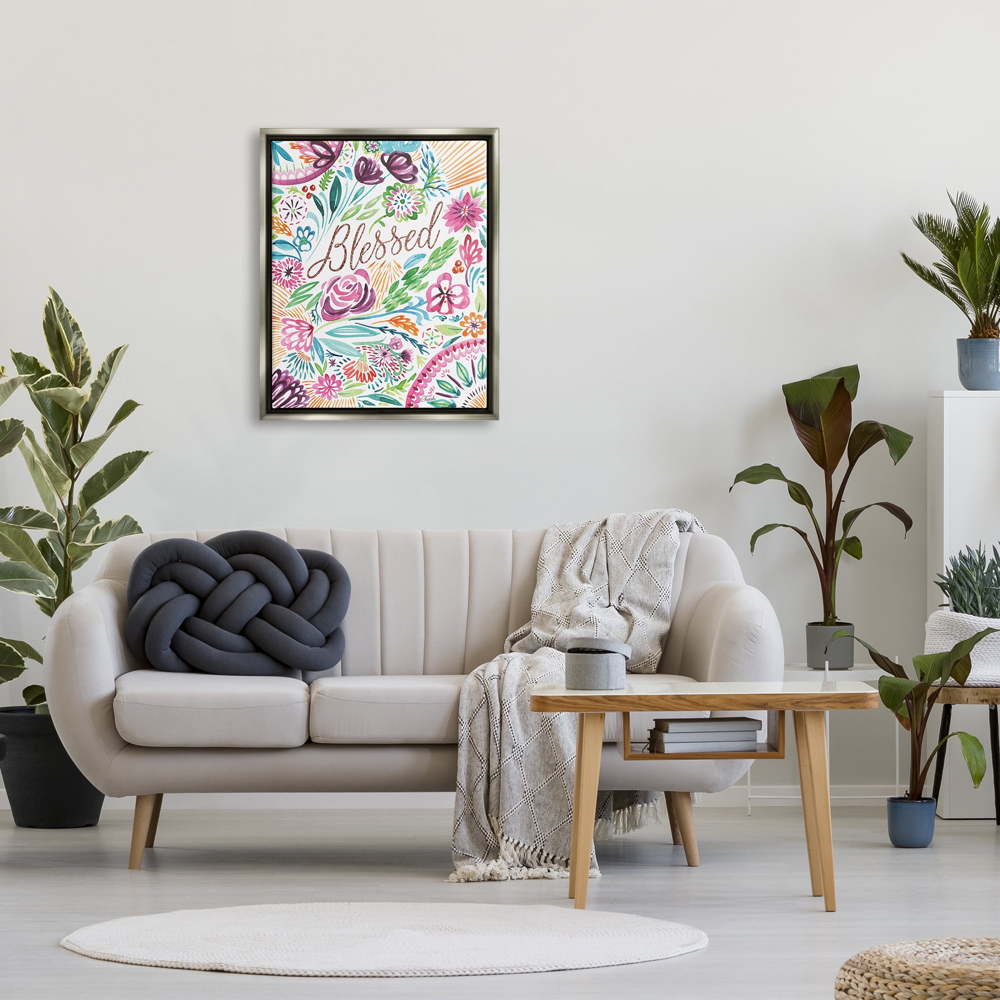 Stupell Blessed Whimsical Flower Shapes Botanical & Floral Painting Gray Floater Framed Art Print Wall Art