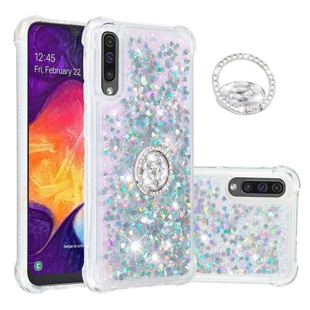 Funda para Samsung Galaxy A30/A50/A50S con Brillo Líquido Flotante, Purpurina, Parachoques y Anillo Giratorio Soporte