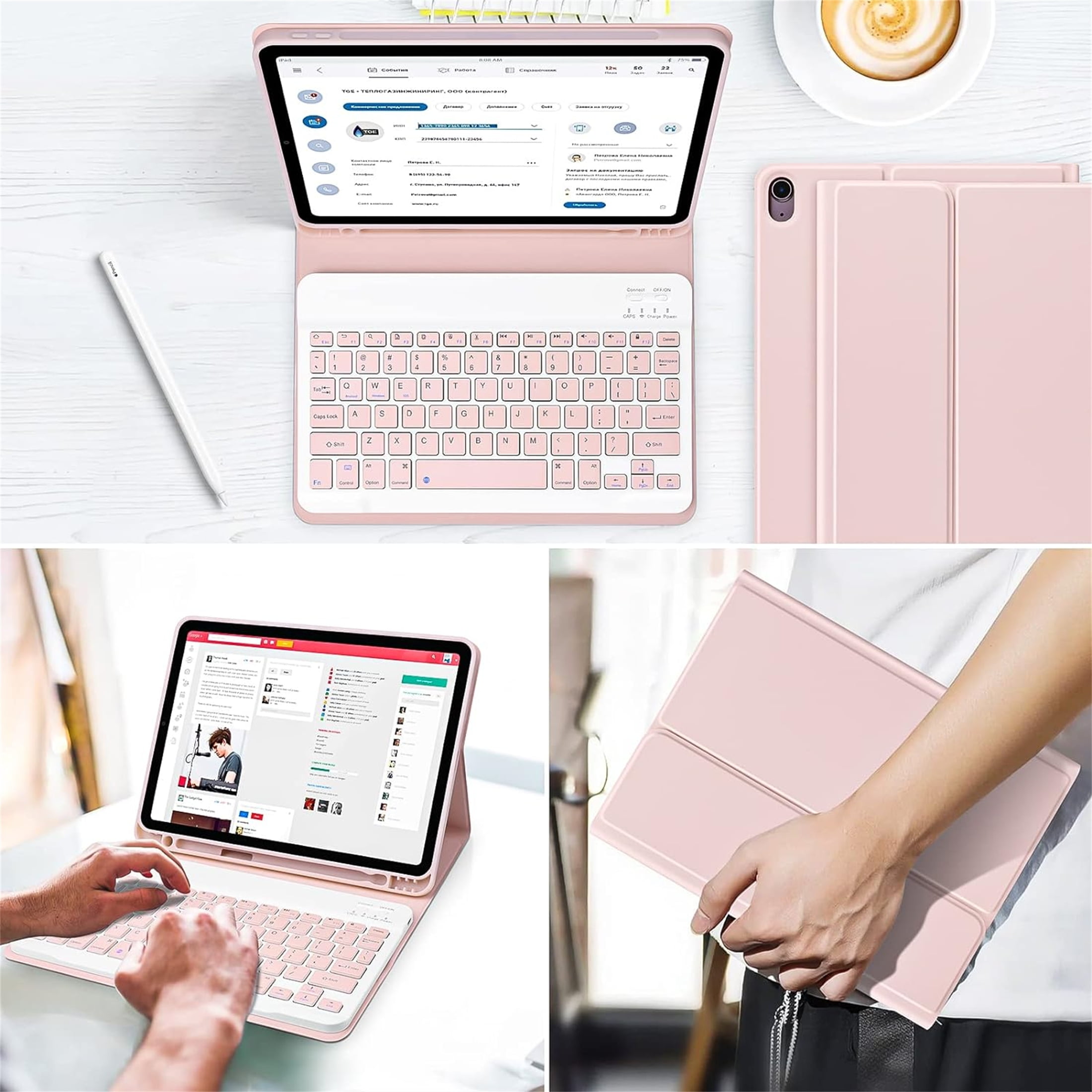 Bluetooth Keyboard Shockproof Auto Wake / Sleep Cover with Pencil Holder for iPad 10th 2022 A2757 A2777 A3162 Pink