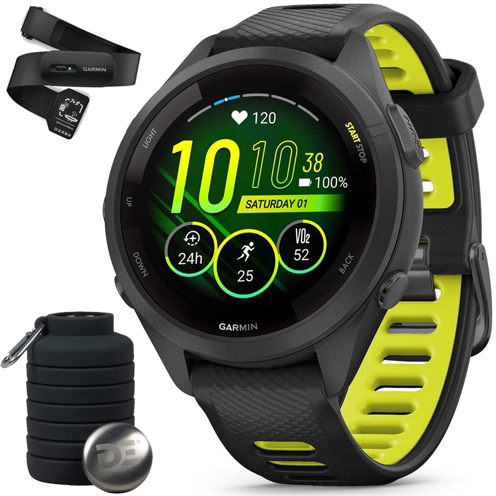 Garmin 010-02810-03 Forerunner 265S GPS Smartwatch Black/Amp Yellow Bundle with Garmin Heart Rate Monitor Accurate Heart Rate & HRV Data Strap M-XL and Deco Essentials Collapsable Water Bottle