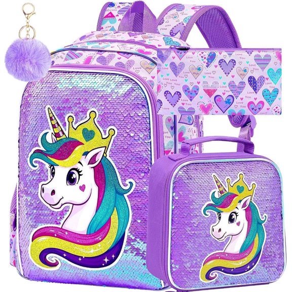 3PCS Unicorn Backpack Set for Girls, 16" Bookbag with Lunch Box & Pencil Case, Water Resistant School Bag for Preschool Kindergarten