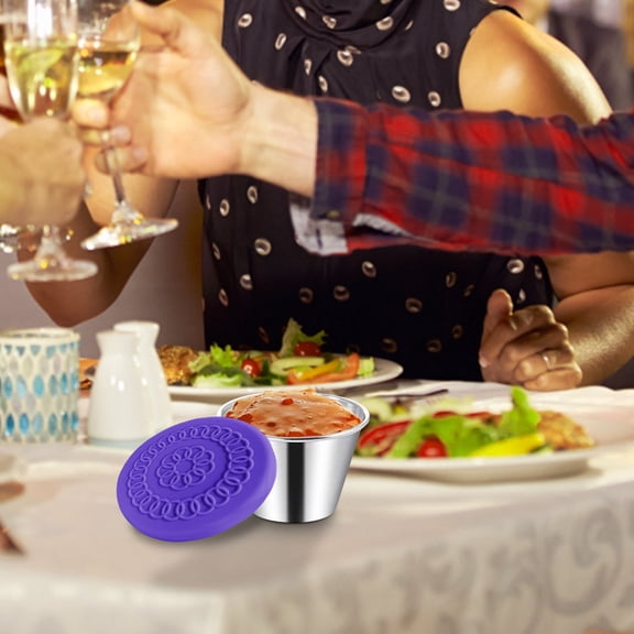 [8 Pack] Salad Dressing Container To Go, Small Condiment Containers with Leakproof Silicone Lids, Reusable Stainless Steel Sauce Cups for Lunch Bento Box, Picnic and Travel （Purple）