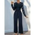 thumbnail image 4 of Women'S Lace Patchwork Round Neck Long Sleeve Formal Jumpsuit Solid Color Casual One-Piece Pants Navy Blue XL, 4 of 9