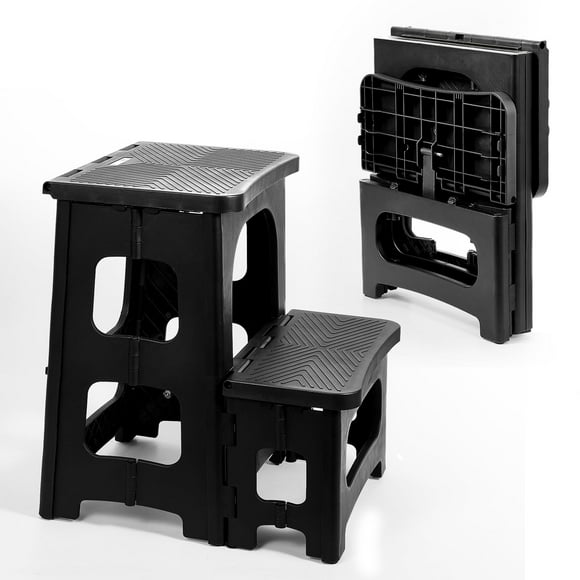 Taburete plegable Ligebul de plástico antideslizante de 2 escalones, negro