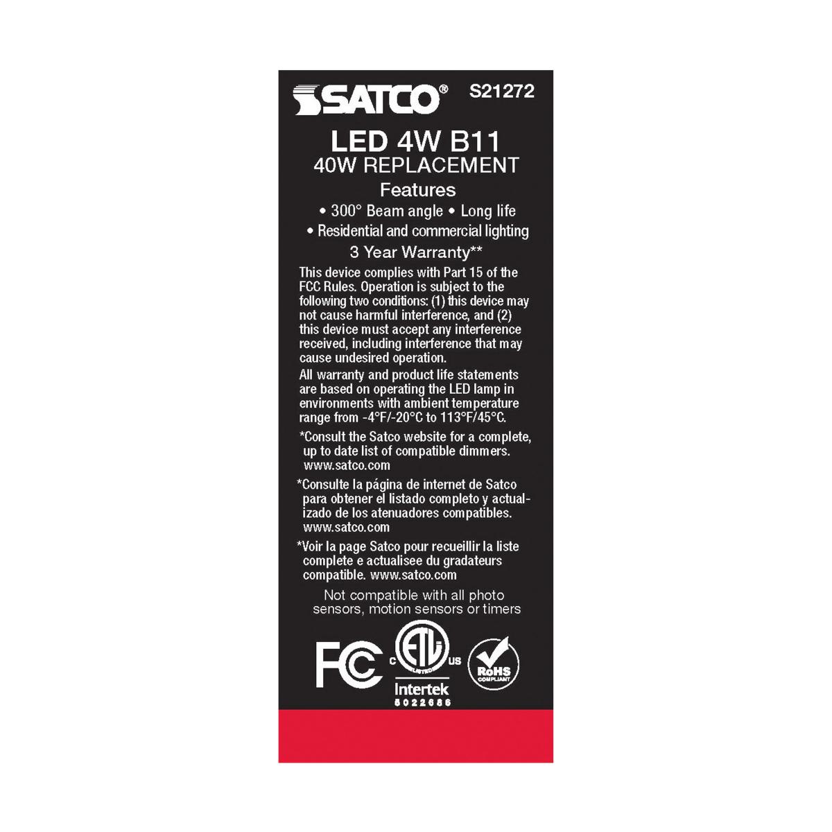 Satco S21272 Frosted LED B11 Light Bulbs 4W 120V 5000K E12 Candelabra Base Dimmable (6 Pack)