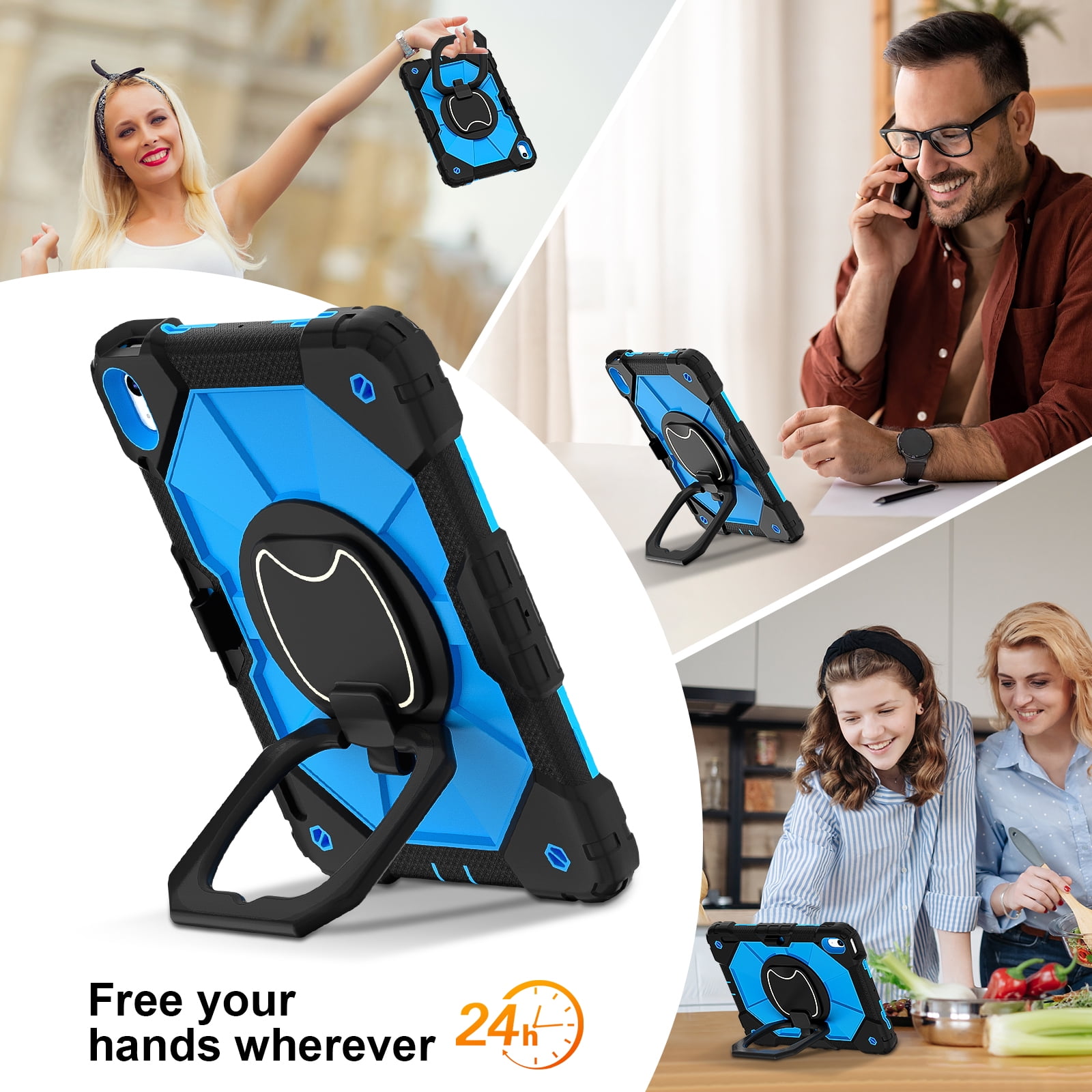 Decase Kids Case for Apple iPad 11th (A16)/10th Gen 2025/2022,Shockproof Rotatable Stand Cover,Detachable Shoulder Strap,Rugged 3-Layer Tablet Shell with Pen Holder,Black+Blue