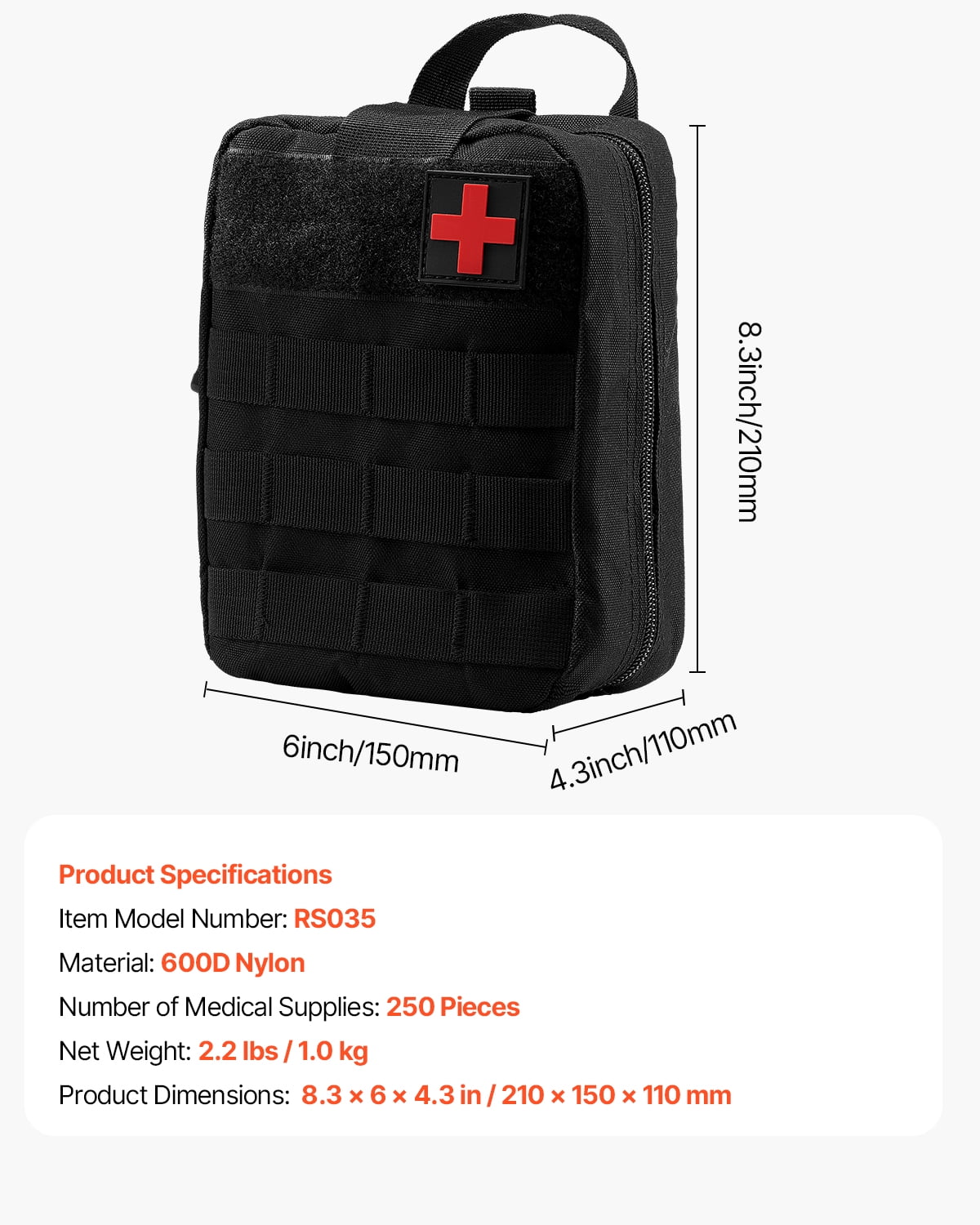 VEVOR Survival First Aid Kit, 250 Pieces, 600D Nylon Trauma First Aid Bag, Survival Gear and Equipment, Emergency Kits, for Men Women Camping, Boat, Earthquake,Hiking,Hunting,and Outdoor Adventure