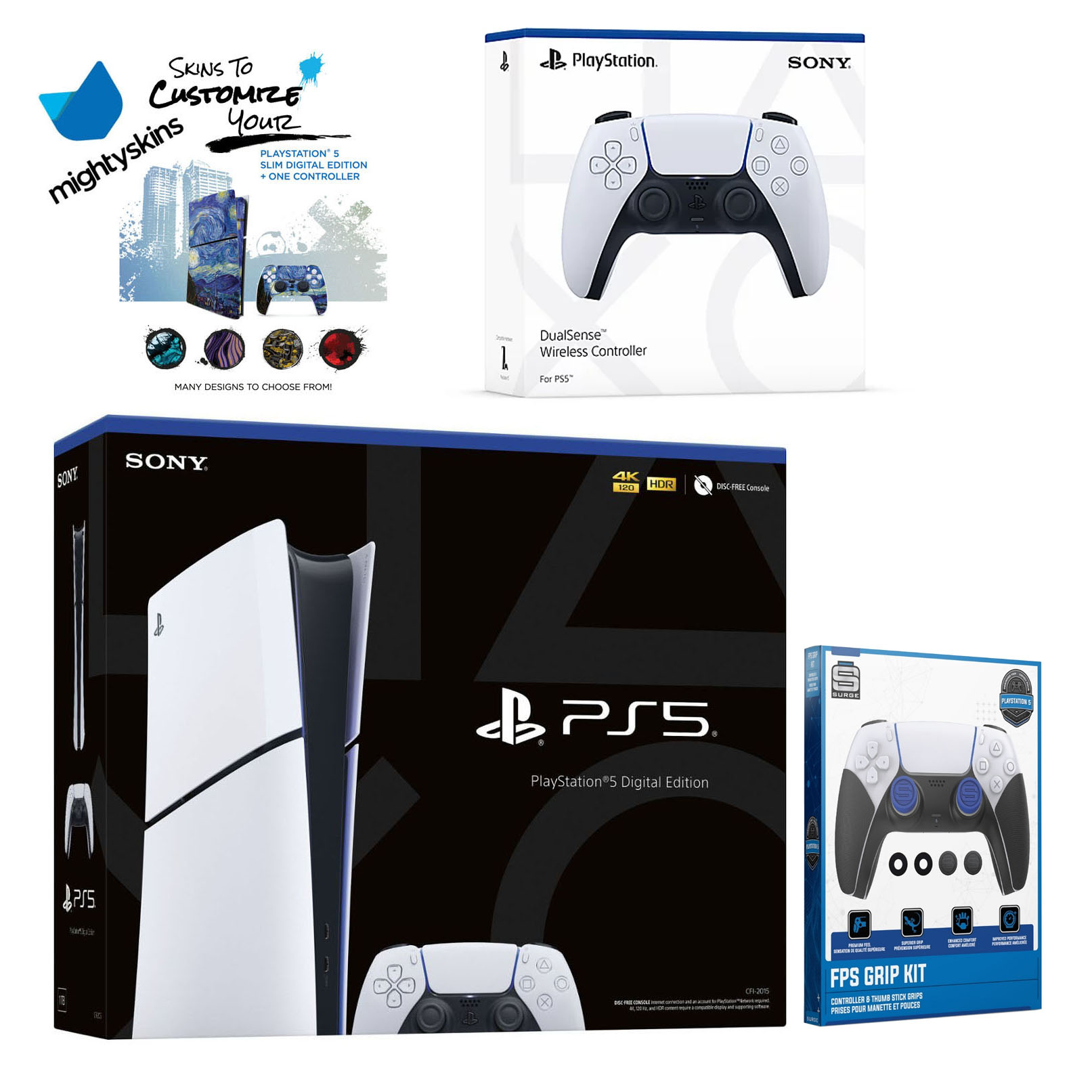 Sony PlayStation 5 Slim Digital with Extra White Controller, FPS Grip Kit and MightySkins Decal Voucher